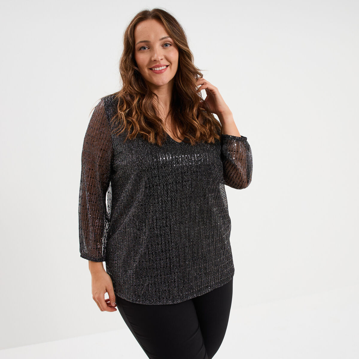 Blouse manches 3/4 pliss&eacute;e paillettes noir femme grande taille