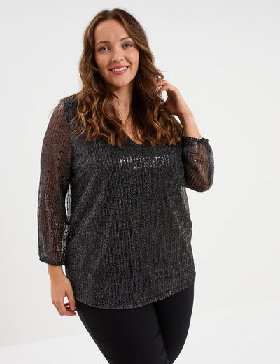 Blouse manches 3/4 pliss&eacute;e paillettes noir femme grande taille