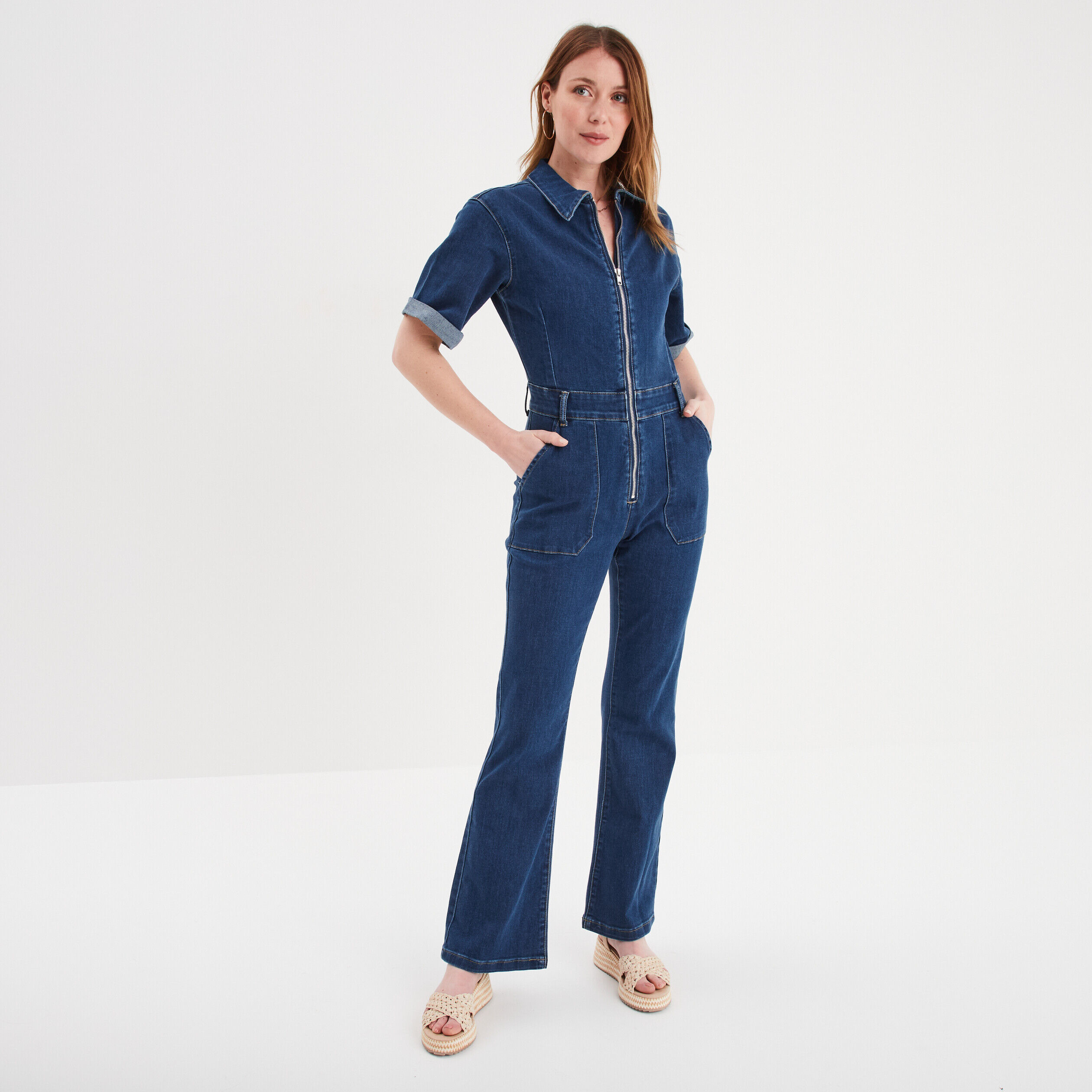 Combinaison pantalon en jean zippée denim stone femme LH
