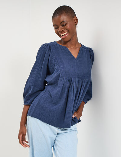 Blouse brod&eacute;e manches 3/4 gaze de coton bleu marine femme