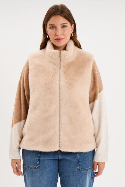 Gilet fausse fourrure col montant zipp&eacute; beige femme grande taille
