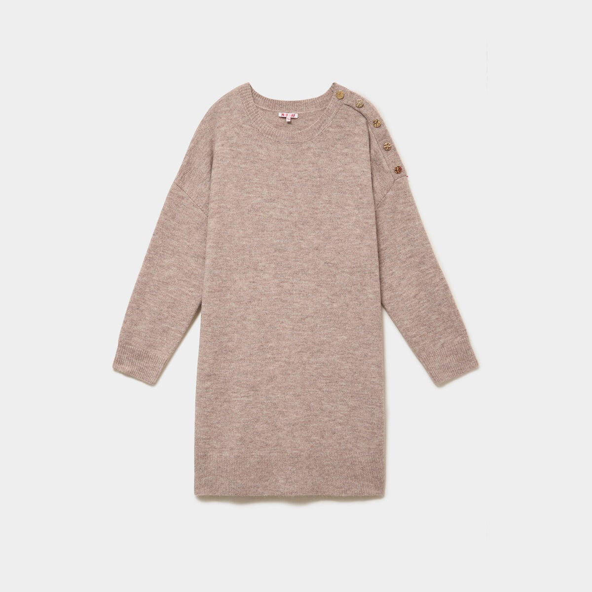 Robe pull oversize boutons &eacute;paule genou sable femme grande taille