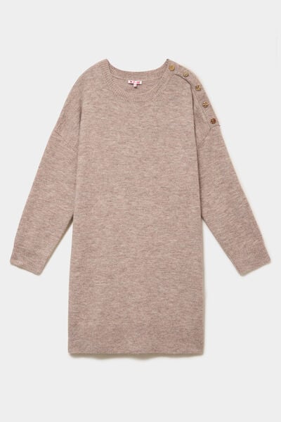 Robe pull oversize boutons &eacute;paule genou sable femme grande taille
