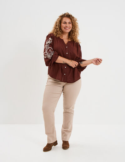 Blouse manches brodées col tunisien marron femme grande taille