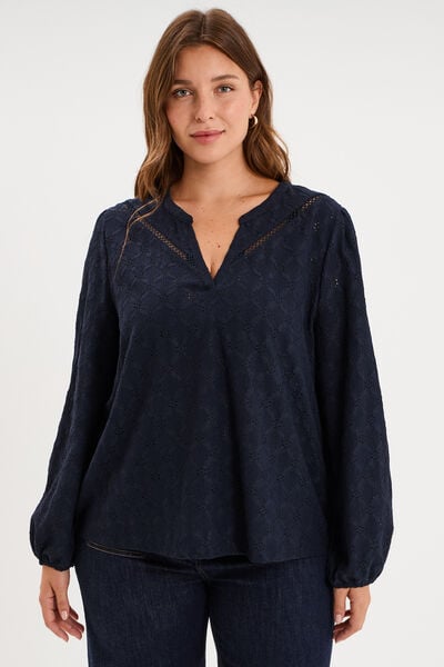 Blouse manches longues broderie anglaise bleu fonc&eacute; femme grande taille