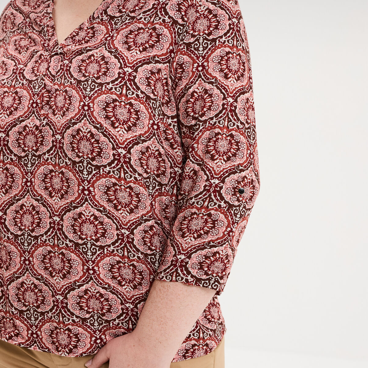 Blouse col tunisien manches 3/4 fluide marron chocolat femme grande taille