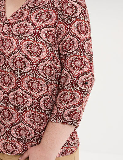 Blouse col tunisien manches 3/4 fluide marron chocolat femme grande taille