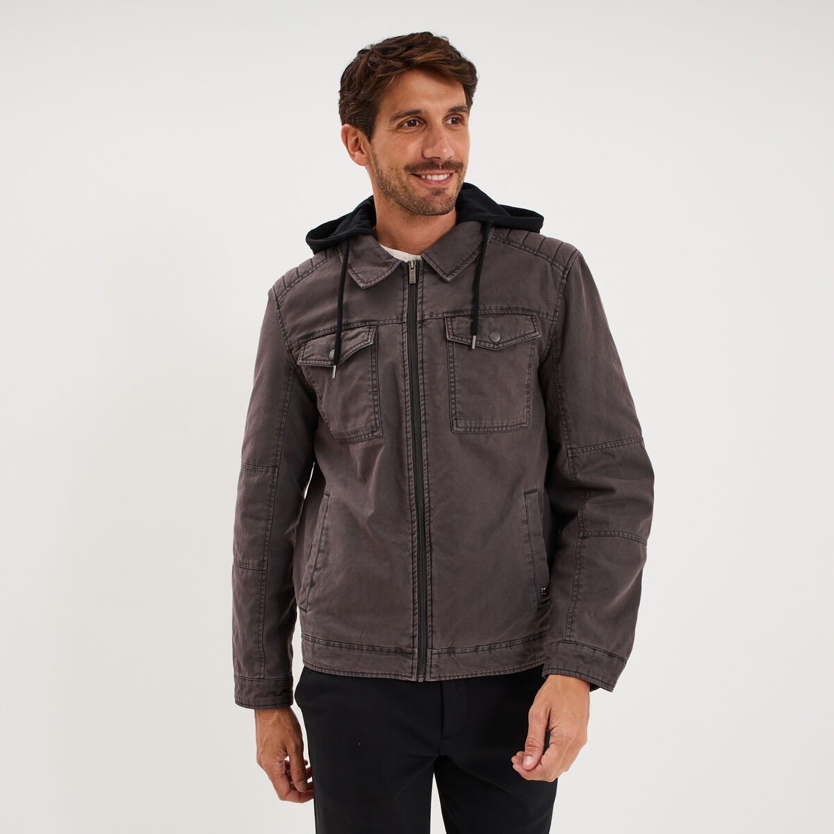 Veste doubl&eacute;e capuche amovible en coton gris fonc&eacute; homme
