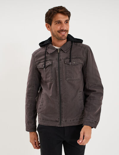 Veste doubl&eacute;e capuche amovible en coton gris fonc&eacute; homme