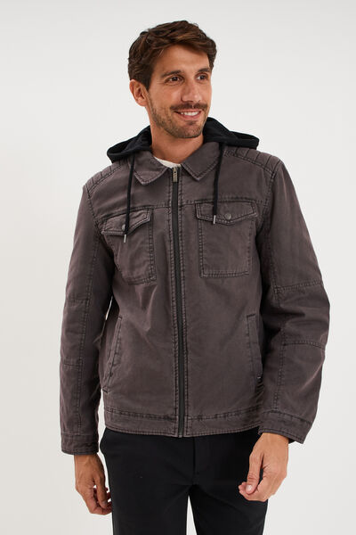Veste doubl&eacute;e capuche amovible en coton gris fonc&eacute; homme
