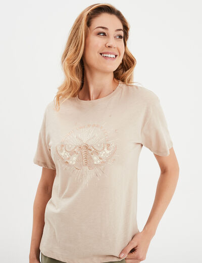 T-shirt droit manches courtes col rond beige femme