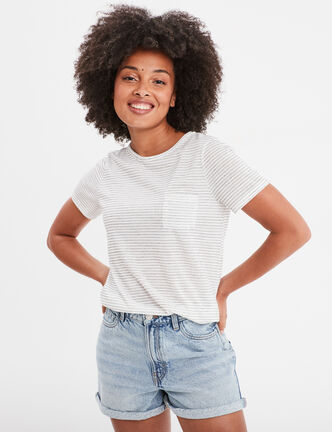 T-shirt col rond 1 poche manches courtes ecru femme