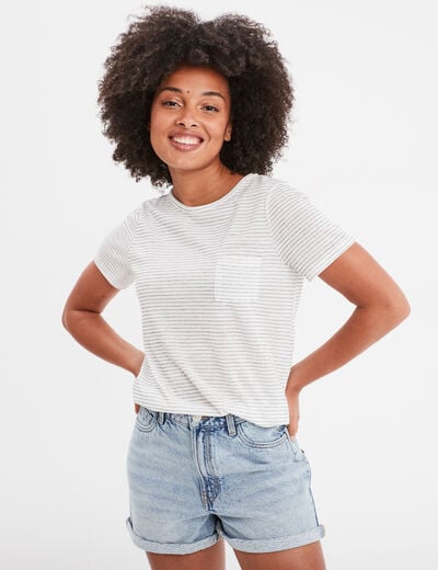 T-shirt col rond 1 poche manches courtes ecru femme