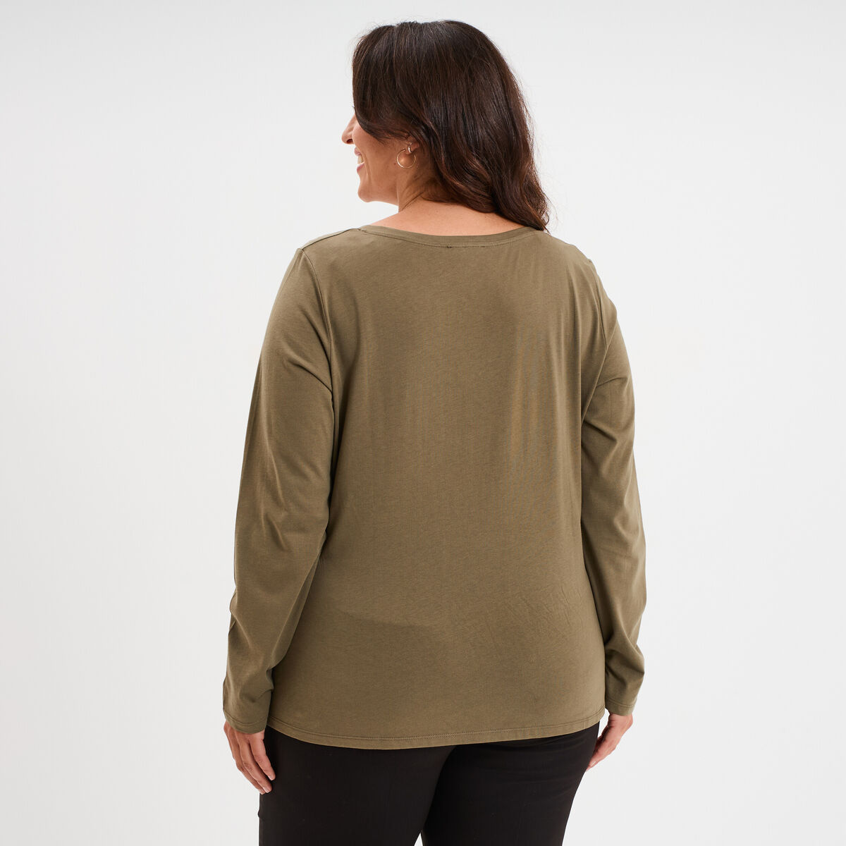 T-shirt col en V manches longues coton vert kaki femme grande taille