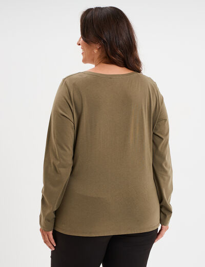 T-shirt col en V manches longues coton vert kaki femme grande taille
