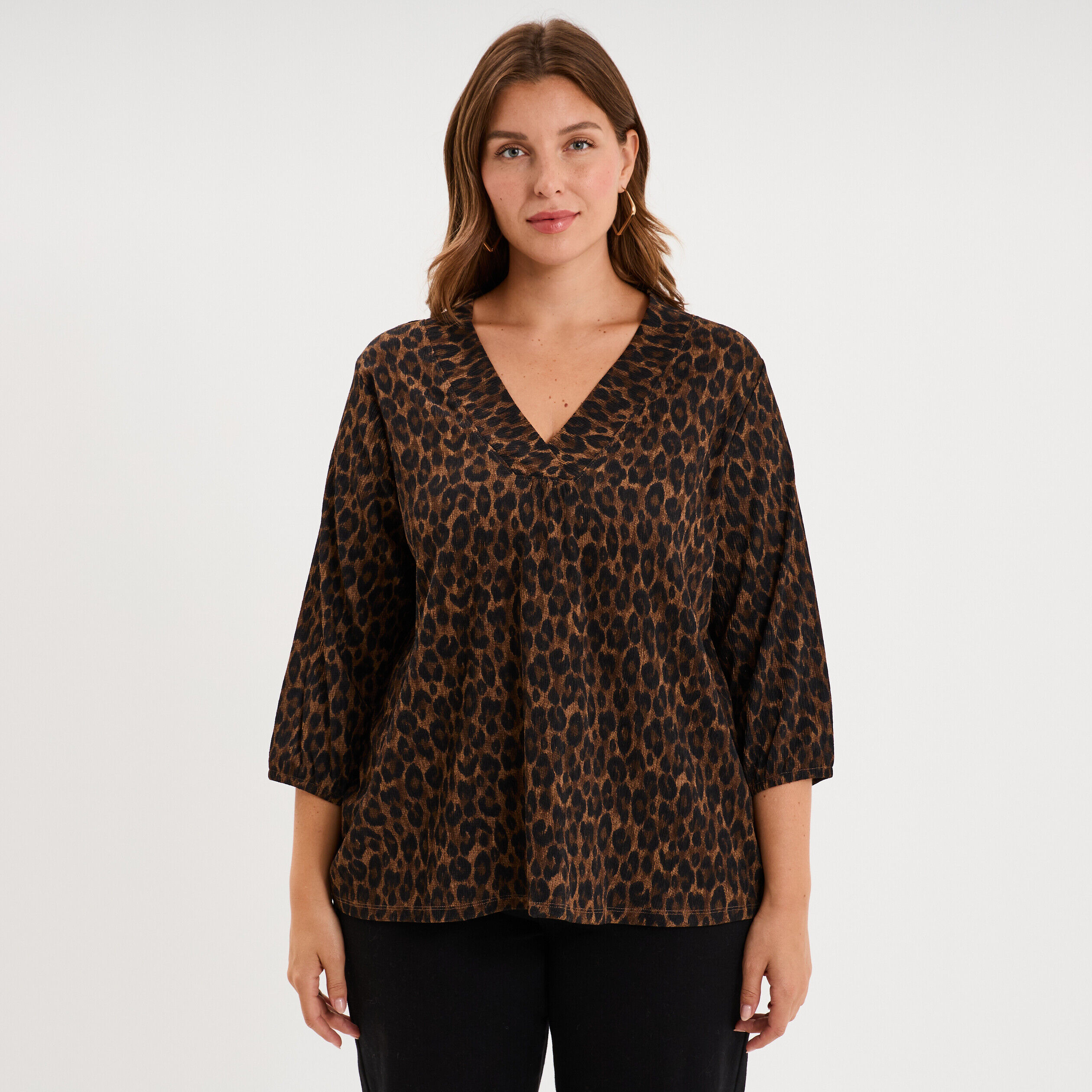 Blouse oversize manches 3/4 et col en V vert kaki femme grande taille LH