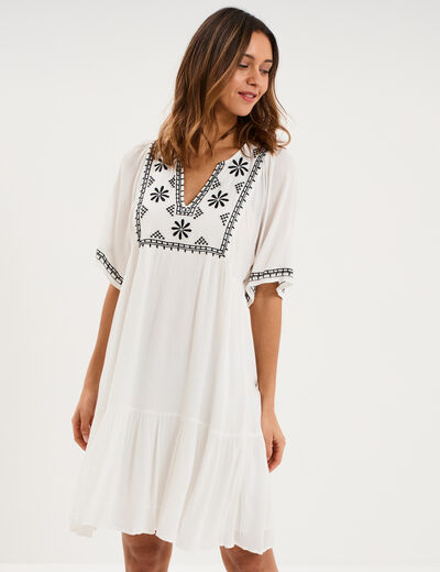 Robe fluide brod&eacute;e manches courtes blanc femme