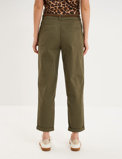 Pantalon chino regular ceinture tress&eacute;e vert kaki femme