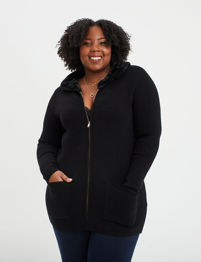 Gilet zippé avec col fausse fourrure noir femme grande taille