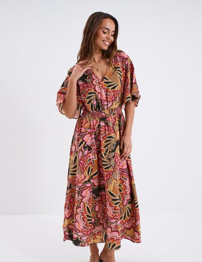 Robe longue col en V taille élastiquée multicolore femme
