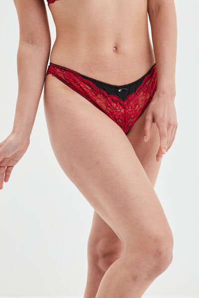 Culotte tanga à micro dentelle rouge femme