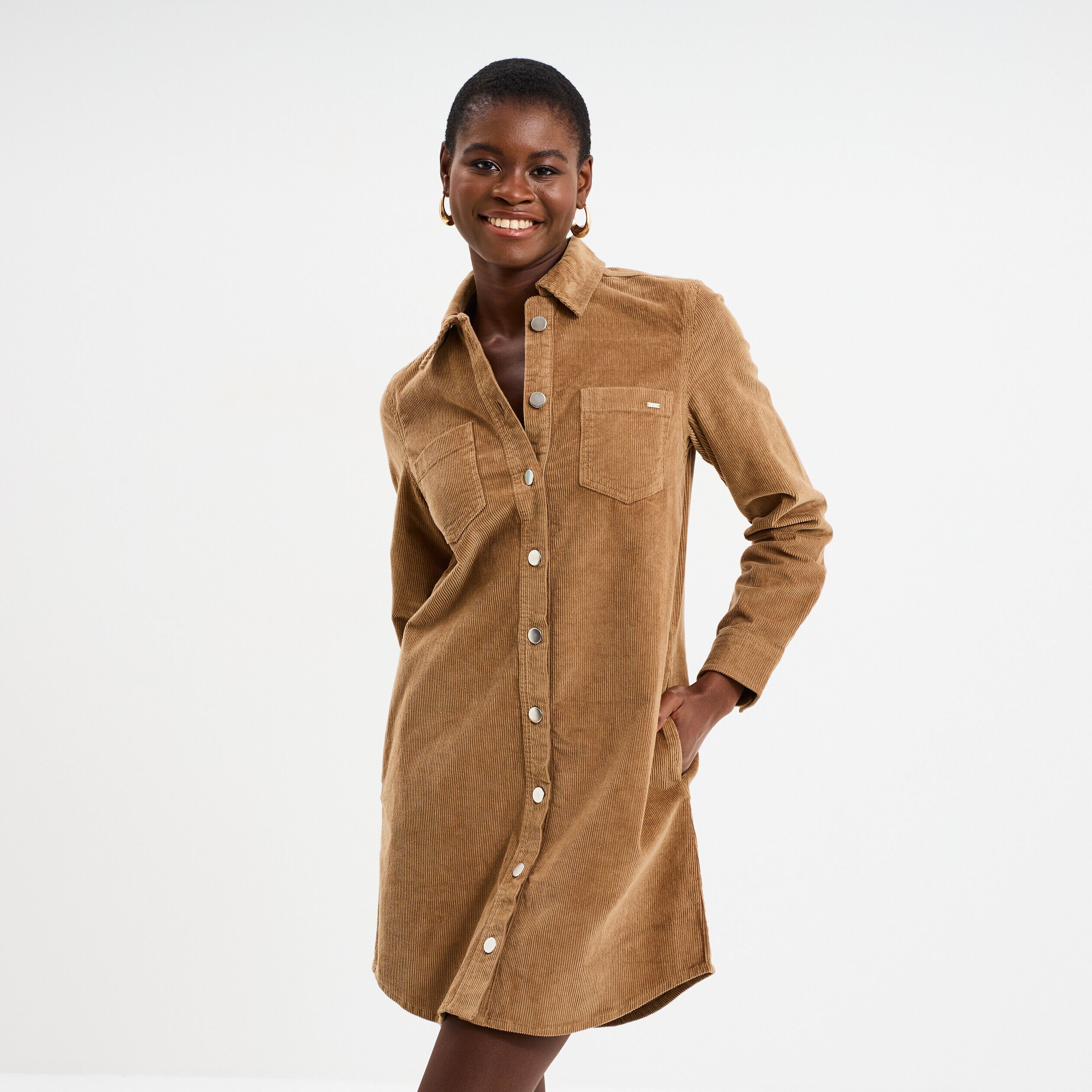 Robe chemise velours boutonnée vert kaki femme CREEKS