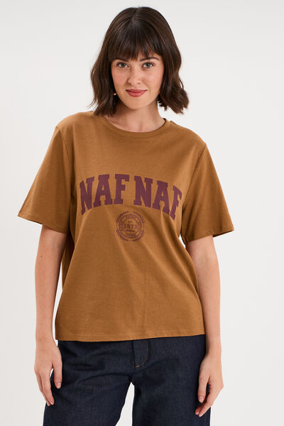 T-shirt col rond manches courtes print marron clair femme