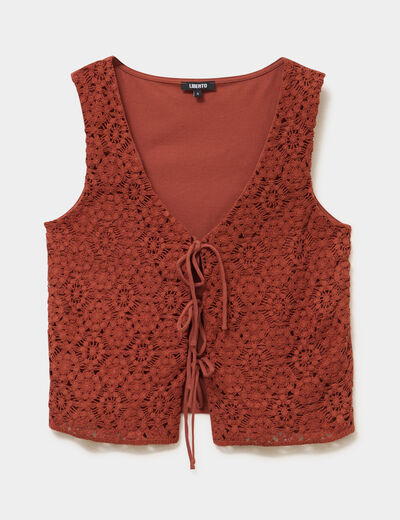D&eacute;bardeur nou&eacute; effet dentelle macram&eacute; camel femme