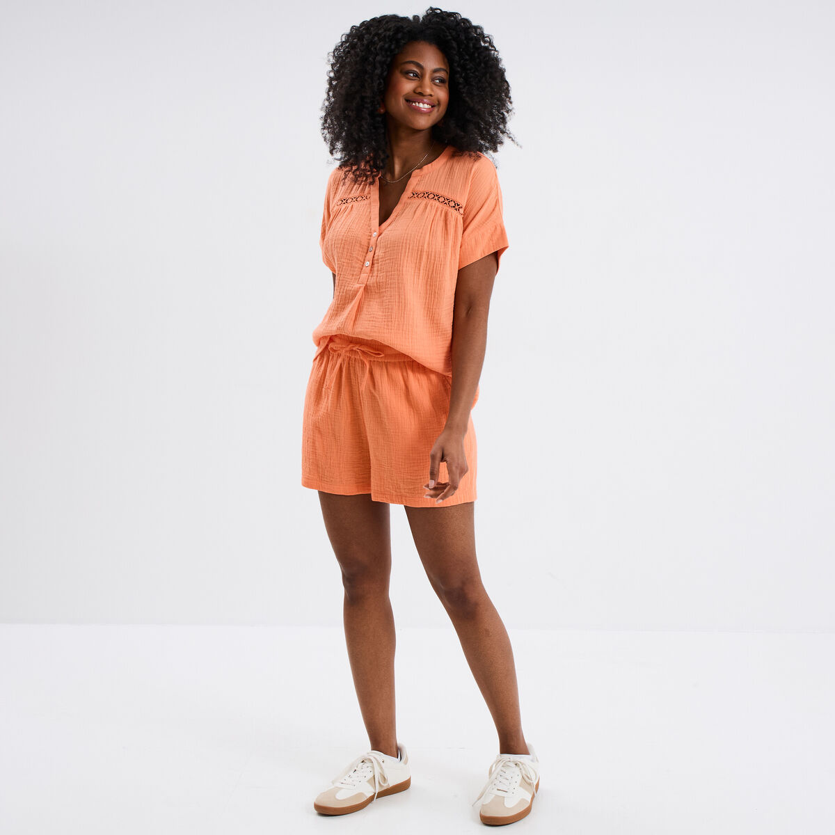 Short taille élastiquée gaze de coton orange corail femme