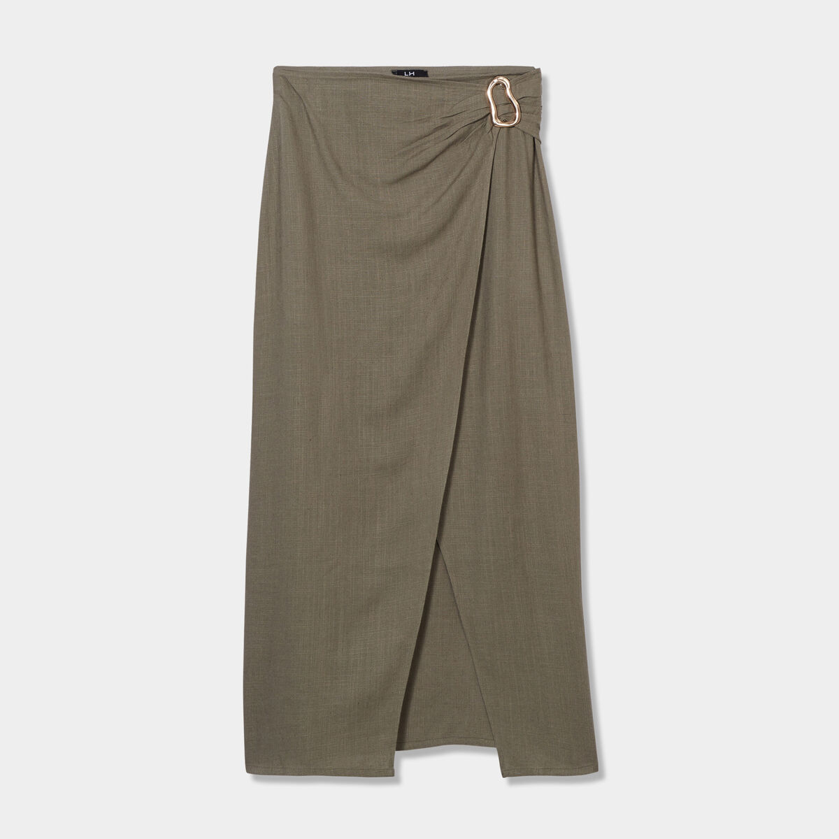 Jupe midi portefeuille détail boucle vert kaki femme