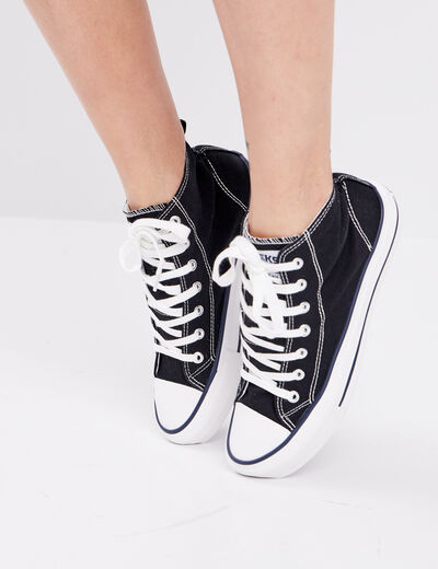 Tennis montantes &agrave; lacets en toile noir femme