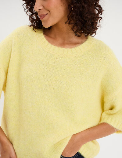 Pull col rond manches courtes jaune clair femme