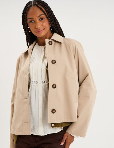 Trench court boutonn&eacute; manches longues beige femme