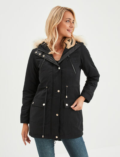 Parka cintrée à capuche fourrée amovible noir femme
