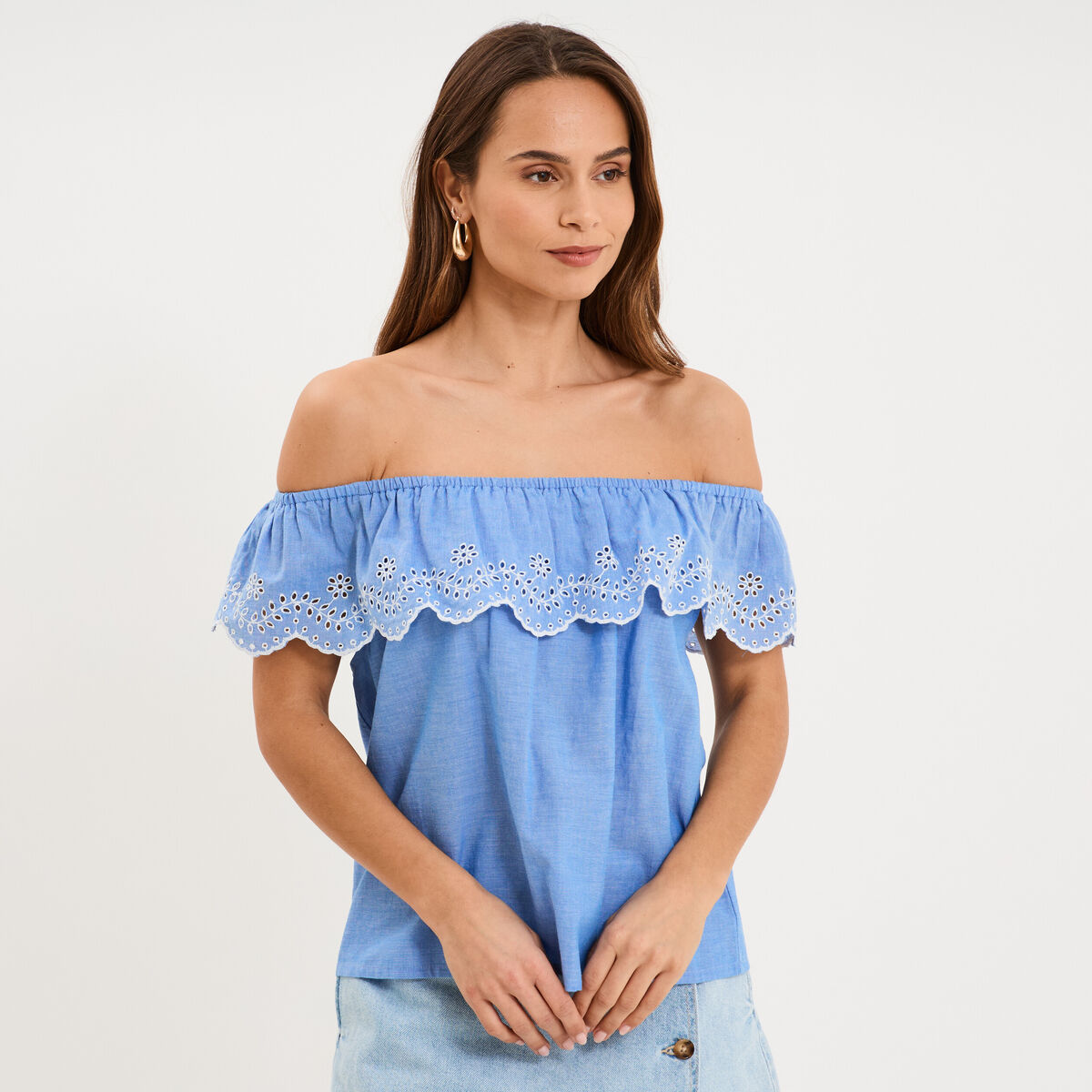 Blouse col bardot broderie anglaise bleu clair femme