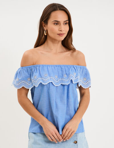 Blouse col bardot broderie anglaise bleu clair femme