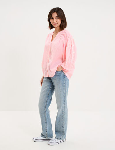 Blouse oversize manches brod&eacute;es rose fluo femme