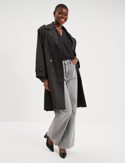 Trench long ceintur&eacute; noir femme