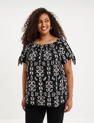 T-shirt gaufr&eacute; avec manches &agrave; noeuds noir femme grande taille