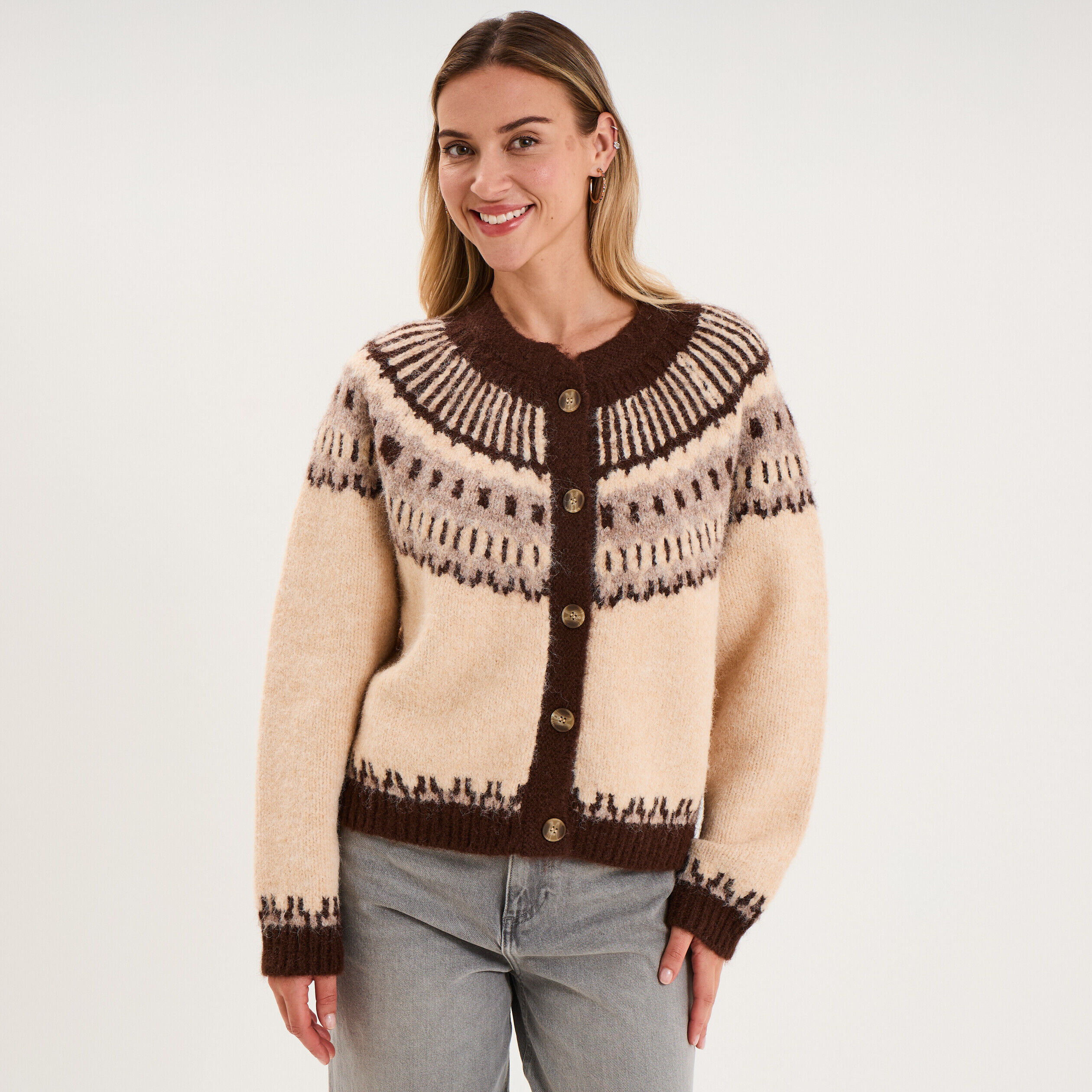 Gilet col rond manches longues beige femme CREEKS