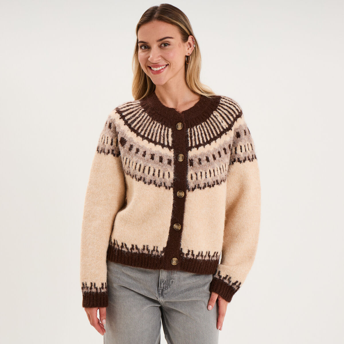 Gilet col rond manches longues beige femme