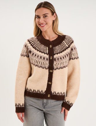 Gilet col rond manches longues beige femme
