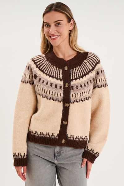 Gilet col rond manches longues beige femme