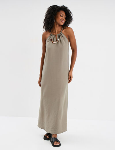 Robe longue col bijou amovible vert kaki femme