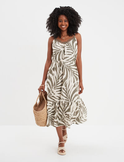 Robe évasée col avec dentelle vert kaki femme