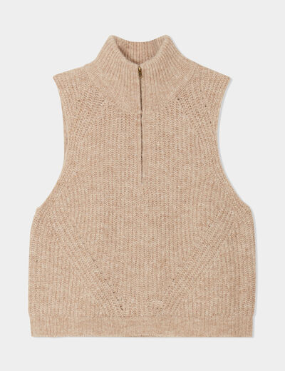 Pull col camionneur sans manches beige femme