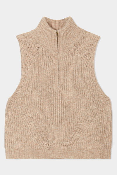 Pull col camionneur sans manches beige femme