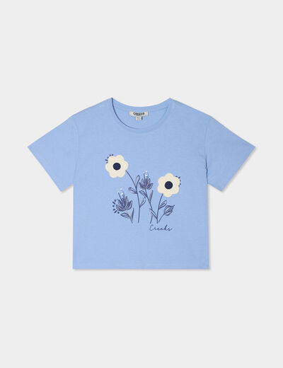 T-shirt détails effet crochet coton bleu clair fille