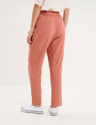Pantalon droit 7/8&egrave;me lin m&eacute;lang&eacute; terracotta femme