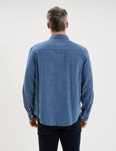 Chemise manches longues lin m&eacute;lang&eacute; bleu homme